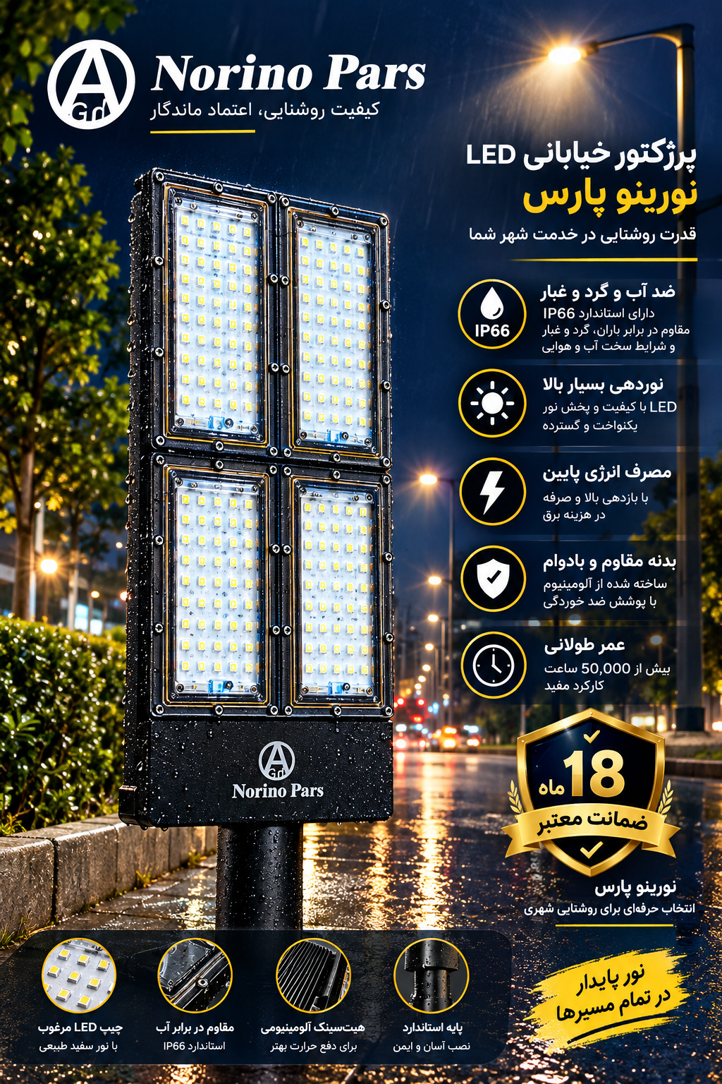 پرژکتور 200 وات خیابانی نورینو پارس نور مهتابی ضد آب ۱۸ ماه ضمانت
